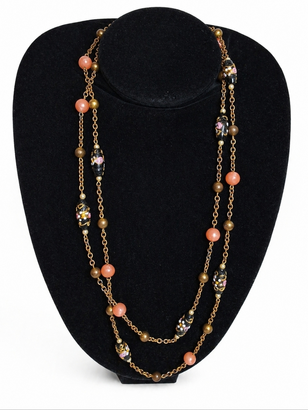 Vintage Black Floral Bead Necklace Gold Tone Coral Pink Pearl Double Strand Boho